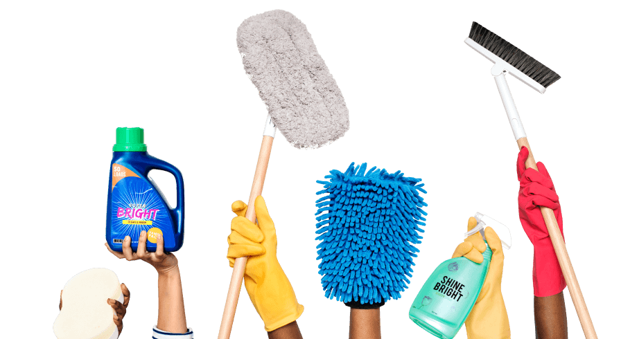 Hands holding cleaning tools solutions